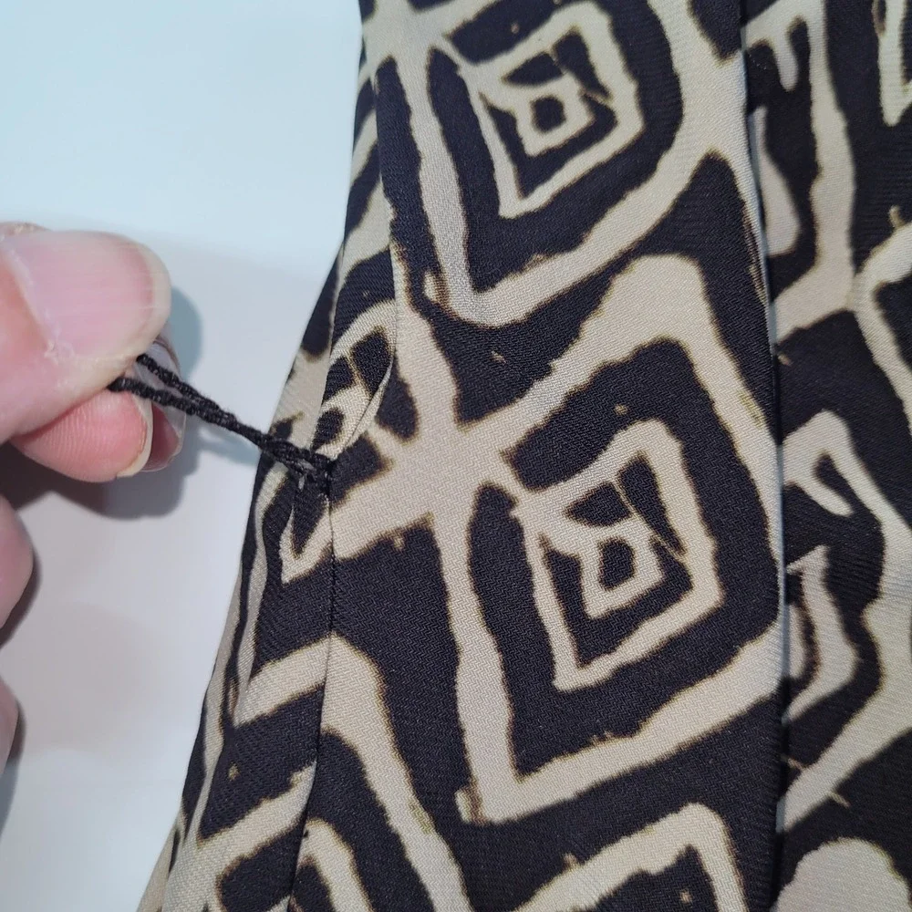 Lauren Ralph Lauren Dress Large‎ Black Beige Diamond Print Sleeveless Ruched